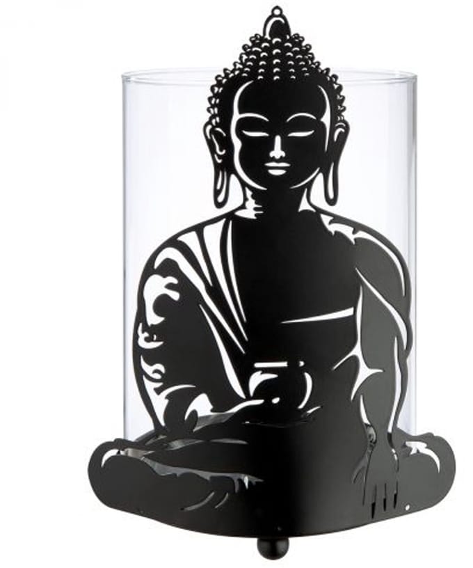 Gilde Handwerk - Windlicht - Kaarsenhouder - Buddha - Glas - Metaal - 12x21cm