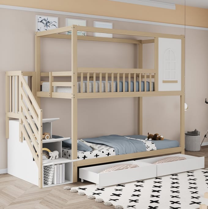 COVREO Bedframe 90x200 cm naturel/wit met opberglades zonder matras
