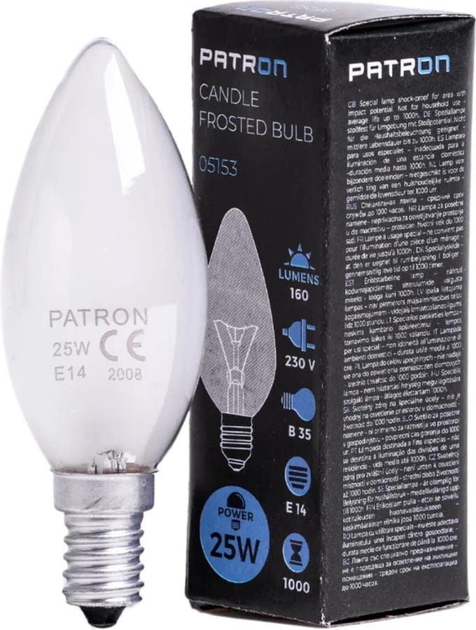 Patron E14 Kaars Gloeilamp | 25W 2700K 100Lm Mat | Dimbaar