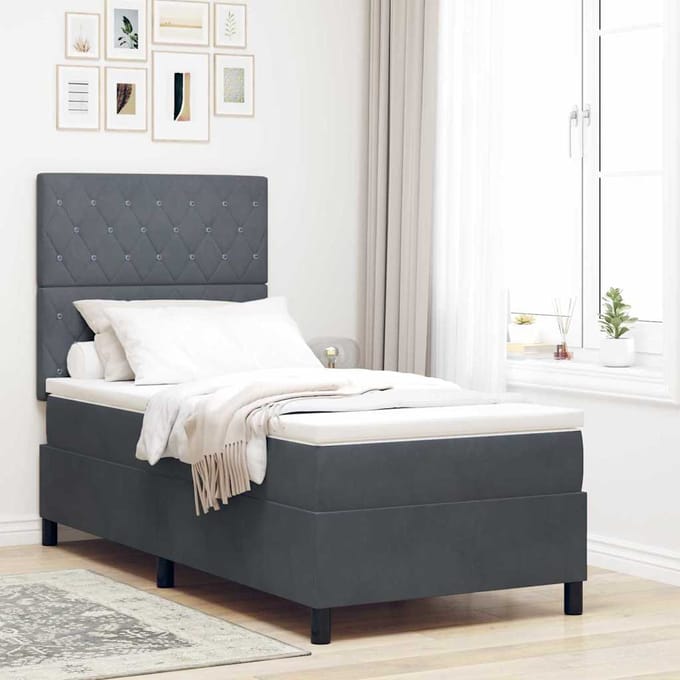 vidaXL - LED - Box - Spring - Bed - met - matras - Donkergrijs - 90 - x - 190 - cm - Fluweel