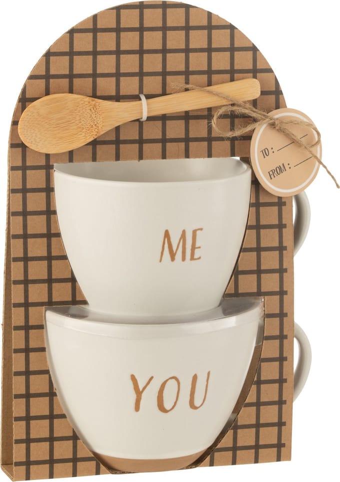 J-Line kop You & Me + lepel - keramiek - wit - giftbox van 2 stuks