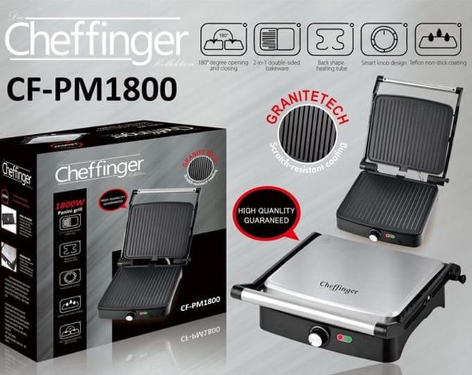 Cheffinger Panini Grill / Contactgrill- Zwart/Zilver