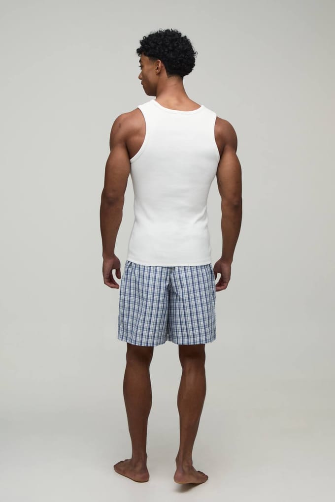 Geribbelde Muscle Fit Tanktop & Baggy Fit Short Loungeset | Blue | Size Medium