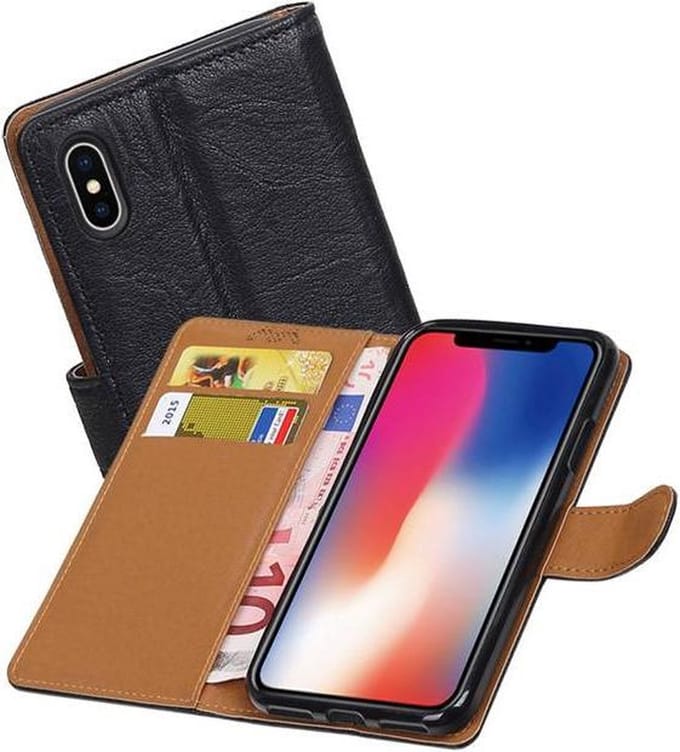 Washed Leer Bookstyle Wallet Case Hoesje - Geschikt voor iPhone X Zwart