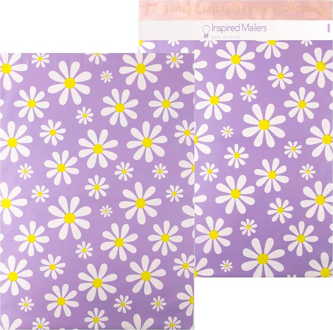 Grote Poly Mailers 14,5 x 19 cm - 50 Pack - Paarse Madeliefjes - Verzendlust