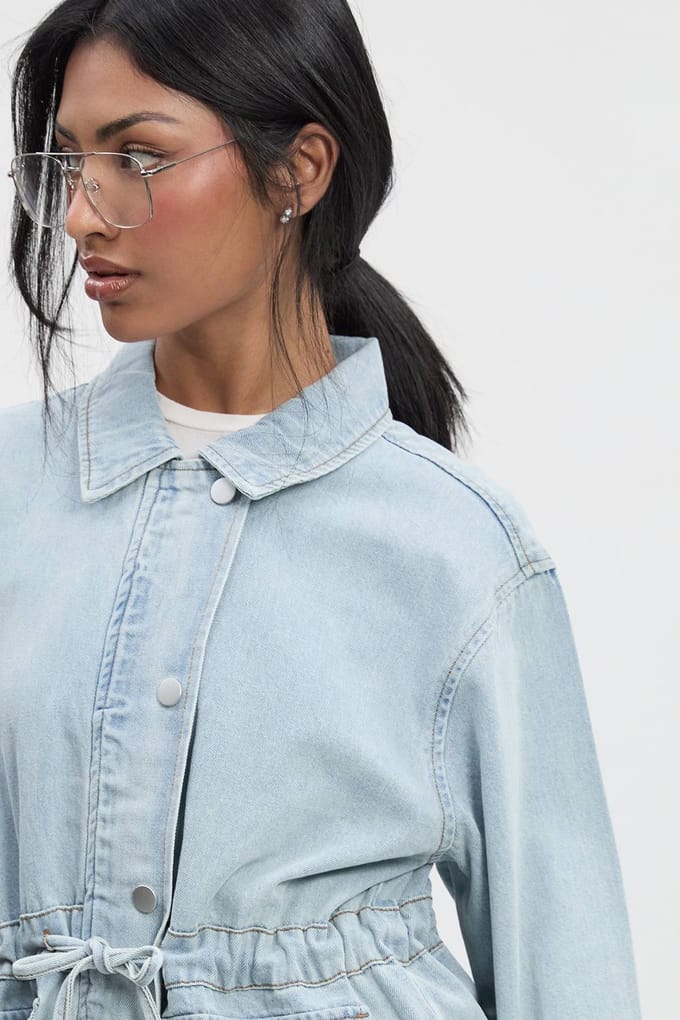 boohoo Dames Denimjack met taillekanaal | Bleached Blue | Maat: 16