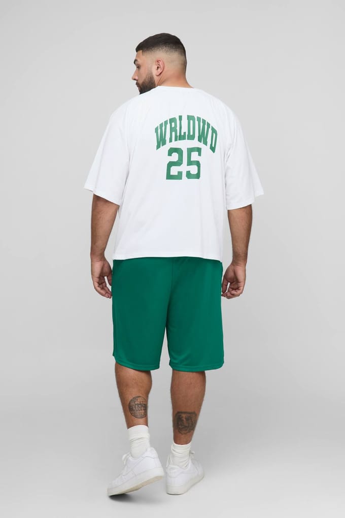 Plus Oversized Boxy Worldwide Panel Print T-Shirt & Basketball Short Set | White | Size 3XL