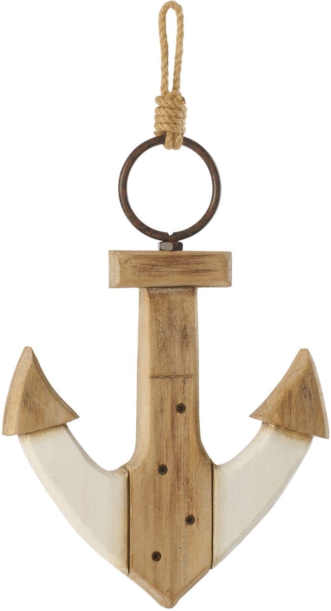 J-Line decoratie Anker - hout - naturel/wit - small - 2 stuks