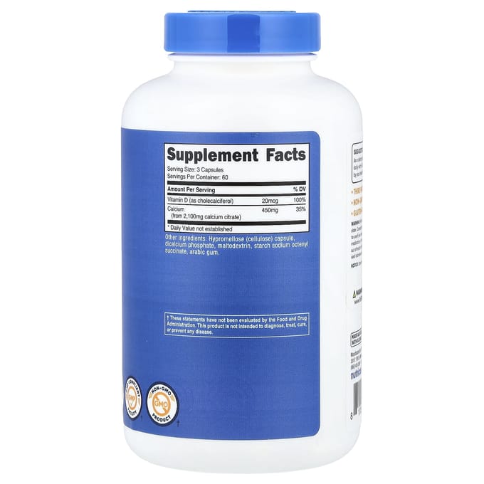 Nutricost, Citrate de Calcium + Vitamine D, 180 Gélules