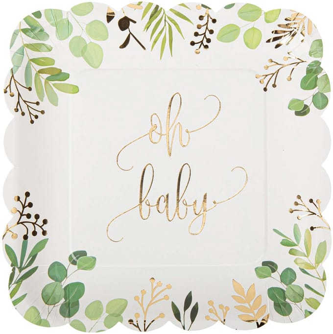 ARTYFETES - 8 kartonnen borden "oh baby" eucalyptus verguld 23 cm vierkant geschulpt