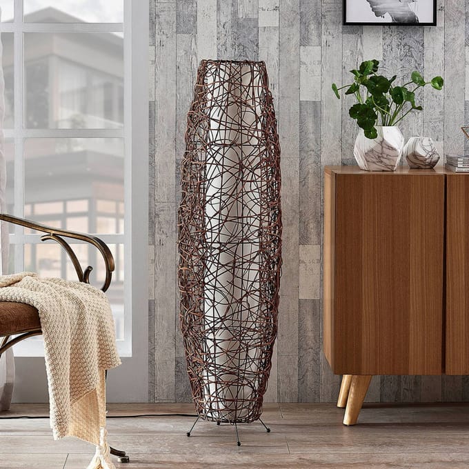 Lindby - vloerlamp - 2lichts - Rotan, stof, metaal - H: 111 cm - E14 - bruin, wit
