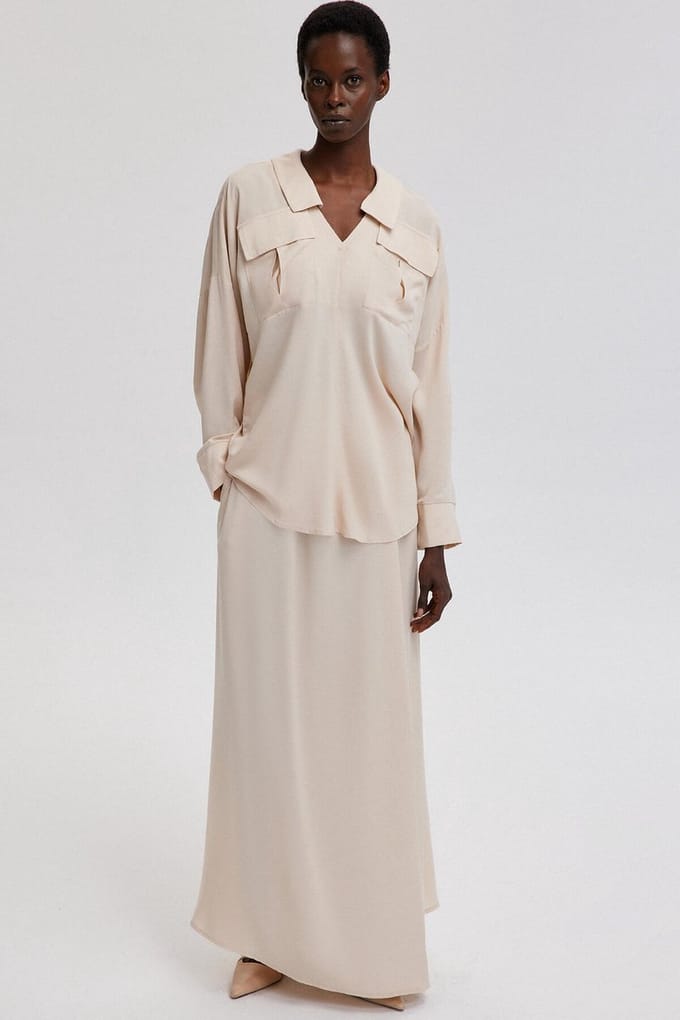 Touché Privé - Set van V-hals tuniek en rok - Beige - Dames