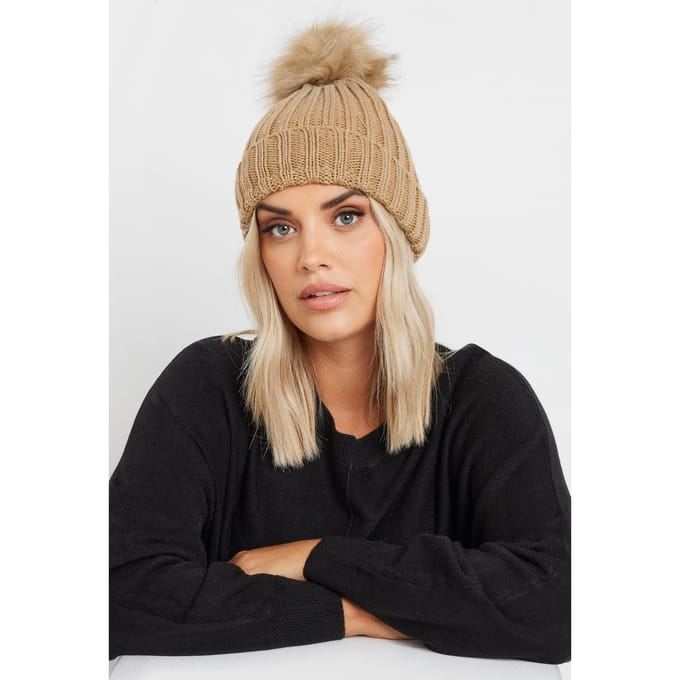 Yours Beige Bruine Imitatiebont Pompon Bobbelmutssize One Size