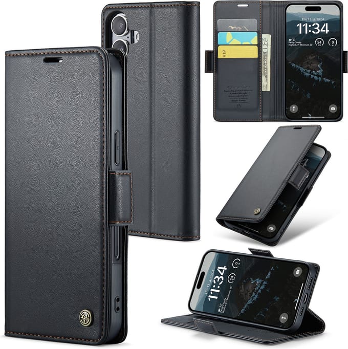 CaseMe Wallet Case met RFID Bescherming en Magneetsluiting voor iPhone 16 Plus _ Zwart