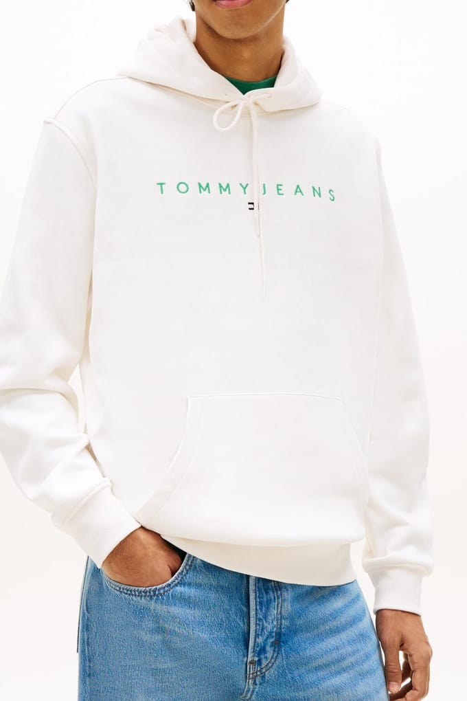 Tommy Hilfiger Tjm Regular Linear Logo Ancient White/bahama Green Maat: M | Hoodies Outlet | Heren | Wit