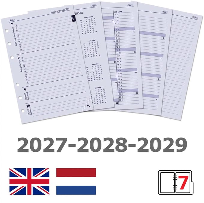 Kalpa 6207-27-28-29 A5-agendavulling 2027 2028 2029 – 1 week op 2 pagina's, NL/EN