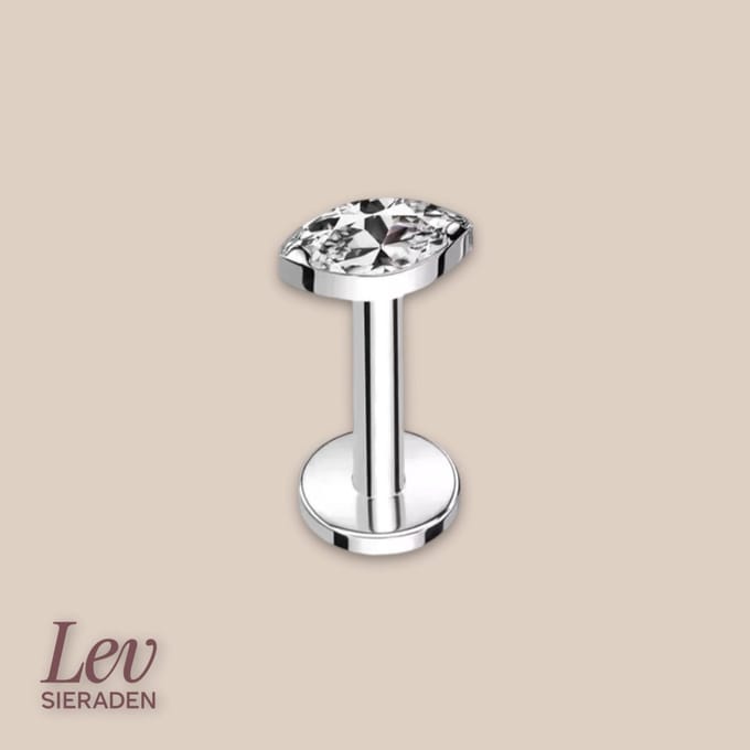 Lev Sieraden - Zilver kleur Titanium Push Pin Labret piercing met ovaal steen oor , lip , piercing
