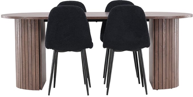 Härön eethoek tafel 90x200cm en 4 teddy stoelen mocca.