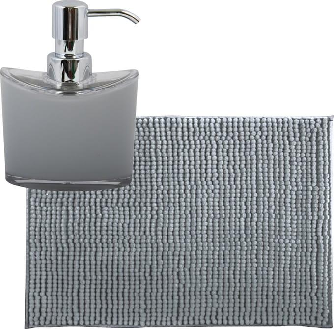 MSV badkamer droogloop mat/tapijtje - 50 x 80 cm - en zelfde kleur zeeppompje 260 ml - lichtgrijs