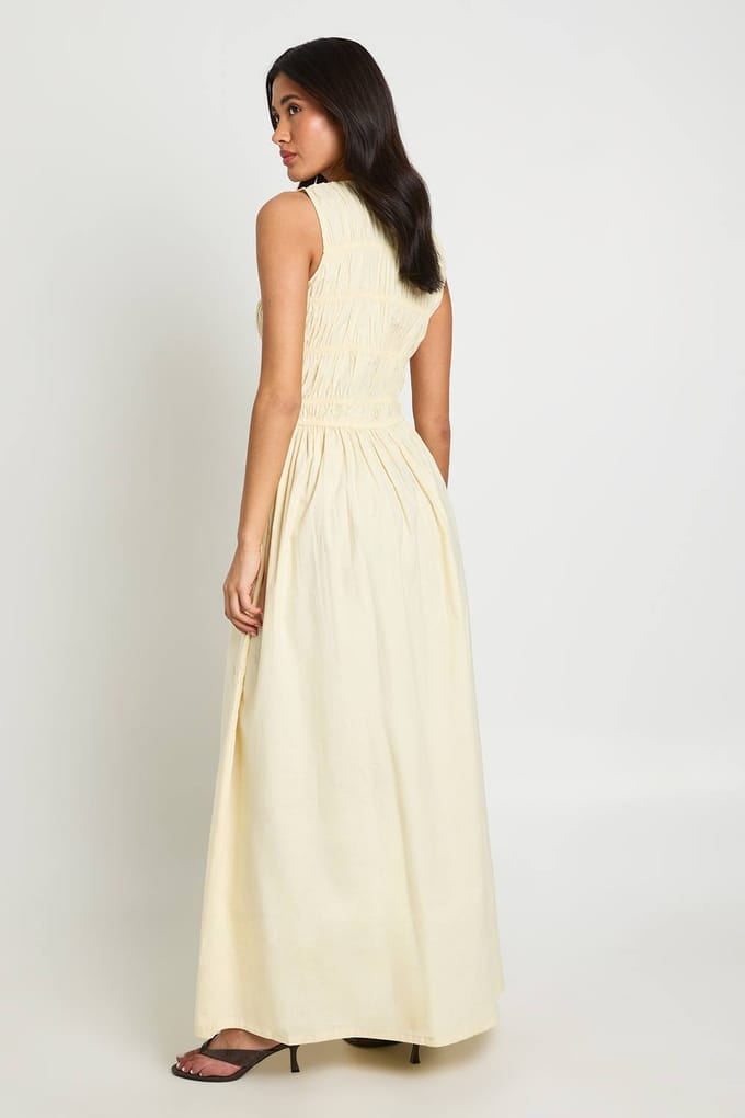 boohoo Dames Katoenen Poplin Gesmockte Maxi Jurk | Citroen | Maat: 34