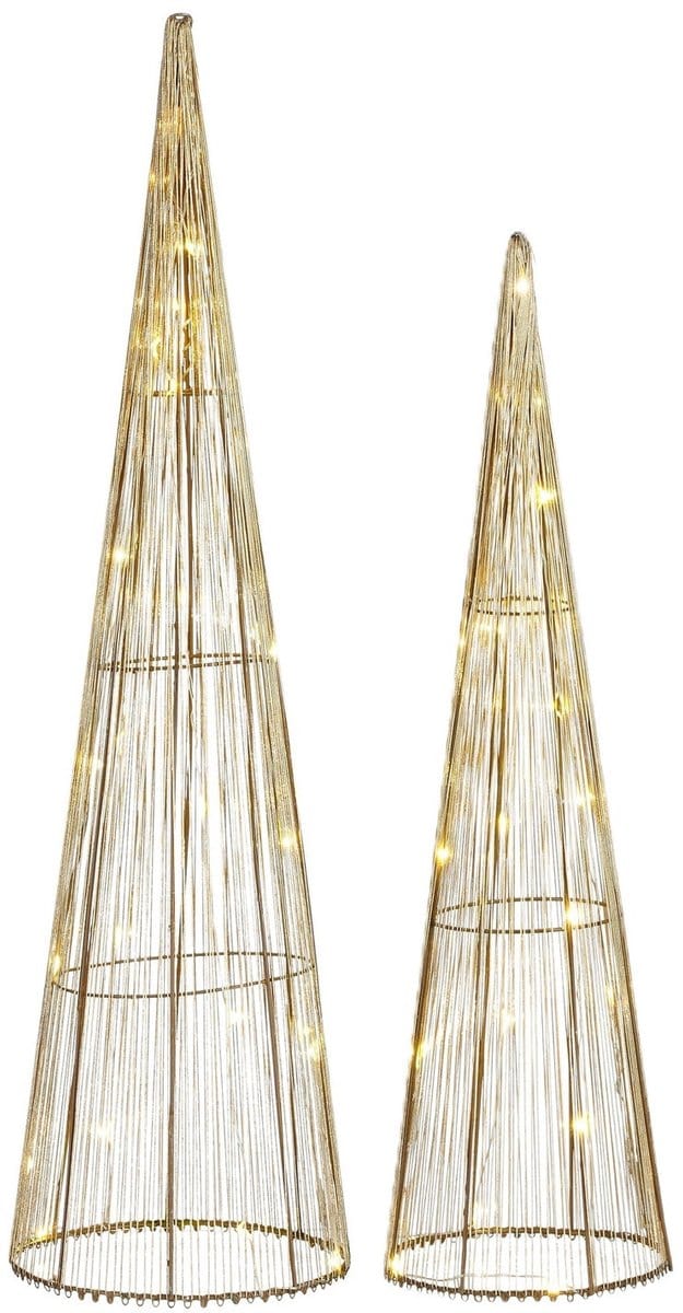 Mica Decorations LED kegels set - kerstboom lampen - goud - polyester/metaal - H60 en H50 cm