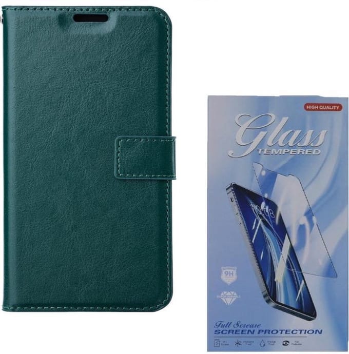 Bookcase Geschikt voor: iPhone 12 - Groen - Portemonnee hoesje + 2X Tempered Glas Screenprotector
