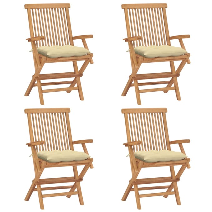 vidaXL - Inklapbare - stoelen - 4 - st - met - crèmewitte - kussens - massief - teakhout
