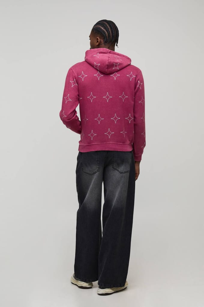 Boxy Washed All Over Rhinestone Hoodie | Pink | Size Medium