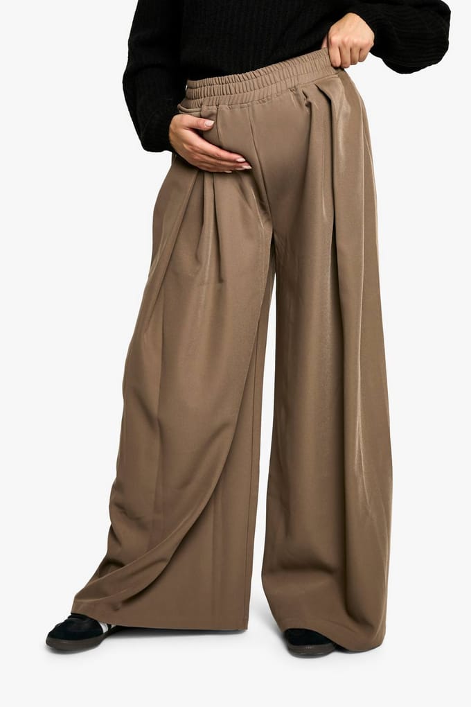 boohoo Dames Maternity Elastische Taille Geweven Relaxte geplooide Wijde Pijp Broek | Taupe | Maat: 38