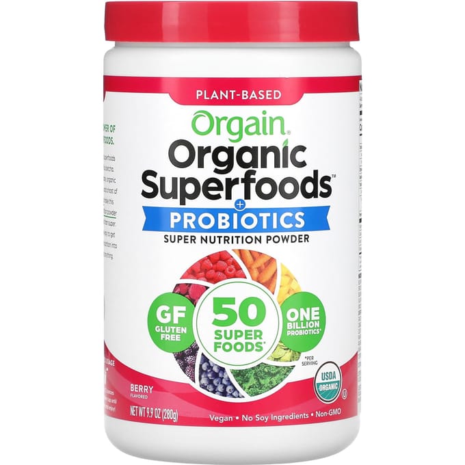 Orgain, Superaliments biologiques + Poudre supernutritive probiotique, saveur baies, 280 g (9,9 oz)