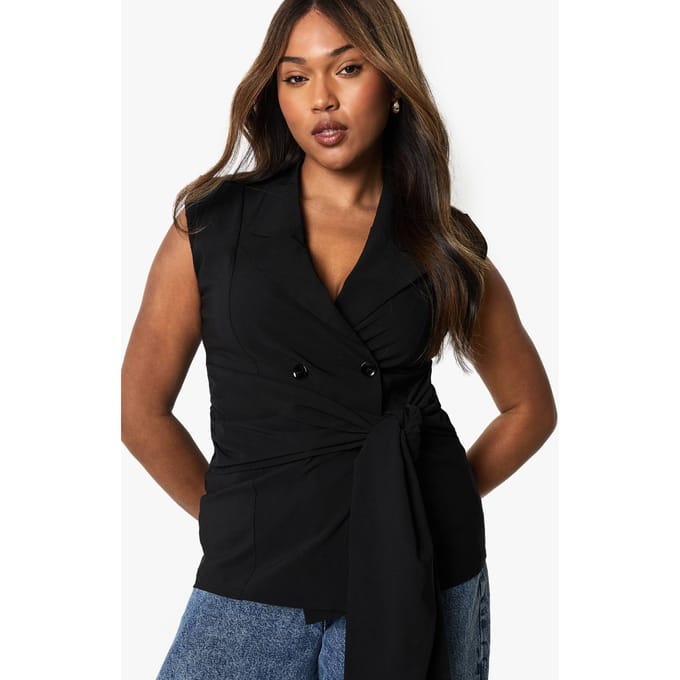 boohoo Dames Plus Bengaline Blazer met strik-taille | Black | Maat: 28