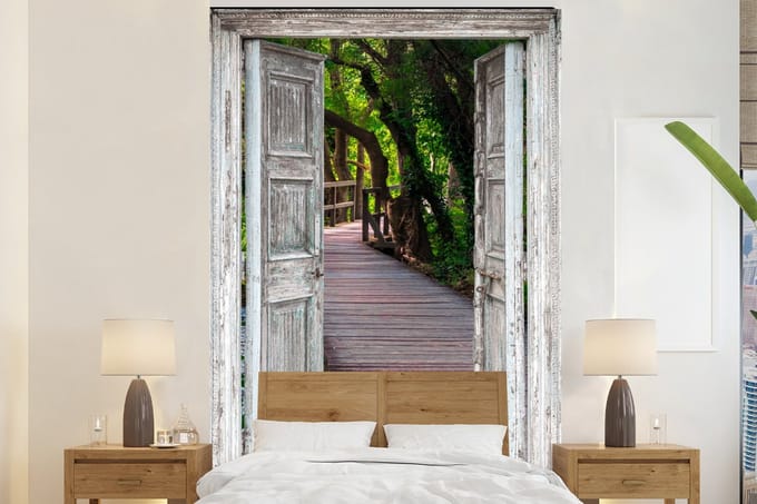 Behang - Fotobehang Brug - Bos - Doorkijk - Breedte 180 cm x hoogte 280 cm