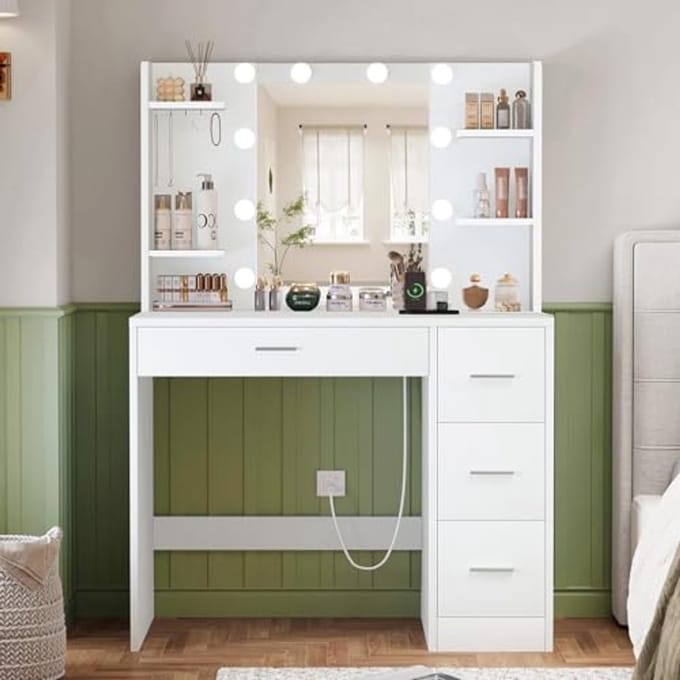 TEENFON Dressing table with mirror and LED lighting, 3 colours with adjustable brightness, socket, dressing table with 5 jewellery hooks, 4 drawers and 4 open compartments, white