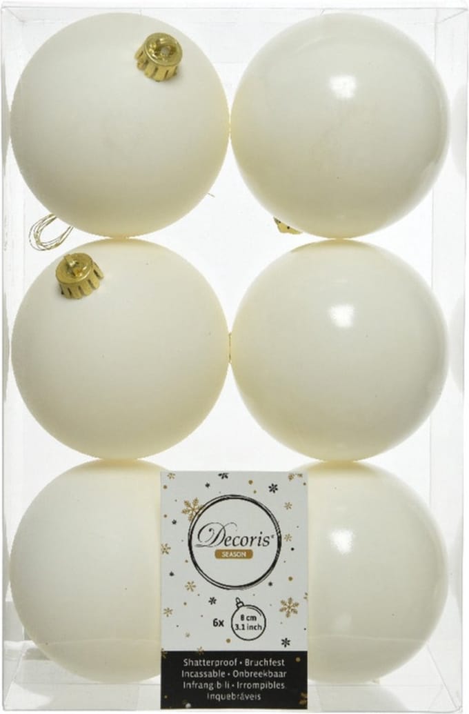 Decoris Kerstballen - 6x st - wol wit - 8 cm - kunststof - mat en glans mix - kerstversiering