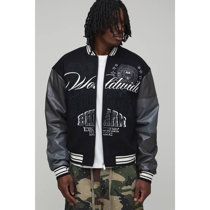 Tall Melton & PU Mixed Fabric Embellished Varsity Jacket | Black | Size Small