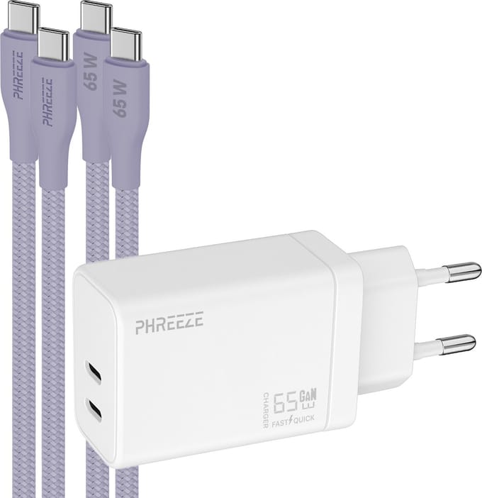 Phreeze usb C oplader 65 W - Laptop power adapter met 2 usb C naar usb C kabels 1m paars - Dual port snellader