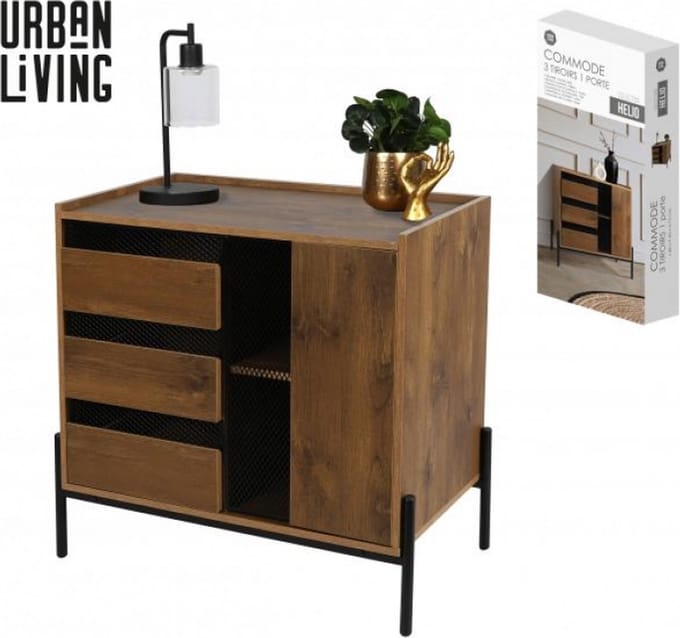 "HELIO" COMMODE 3 TEKENERS EN 1 DEUR MET BENEN IN ZWART METAAL 80X40XH75CM