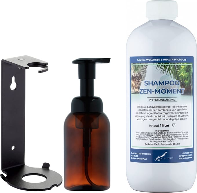 Zeepdispenser 300 ml amber bruin hervulbaar + 1 liter Shampoo Zen Moment navulling (inclusief beugel)