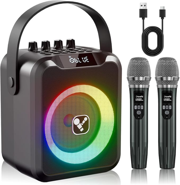 Draagbare karaokemachine met 2 draadloze microfoons en 6 stemvervormers, oplaadbare karaoke-luidspreker met Bluetooth, USB, AUX, TF en MIC