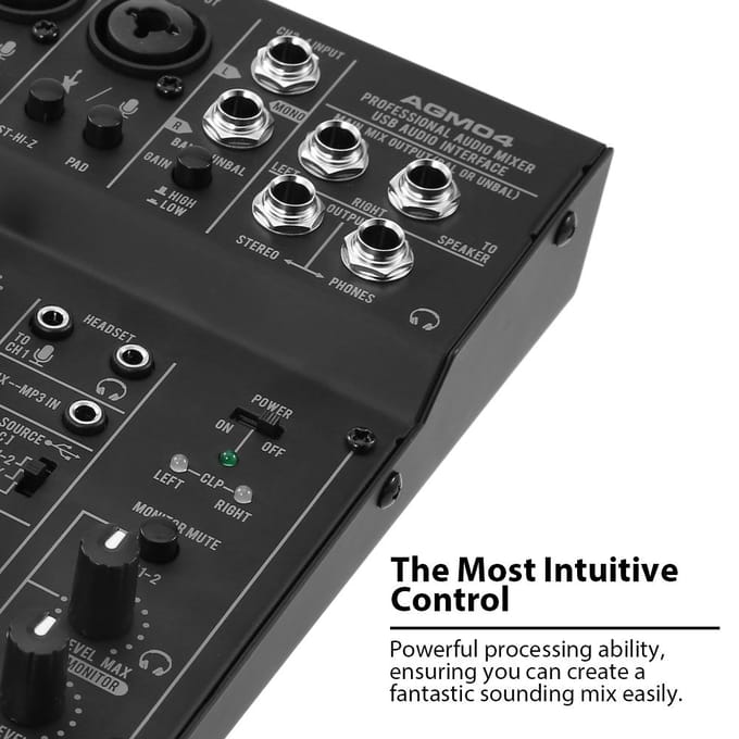 Mini console de mixage 4 canaux, mélangeur audio numérique, égaliseur 2 bandes, alimentation fantôme 48 V intégrée, 5 V black