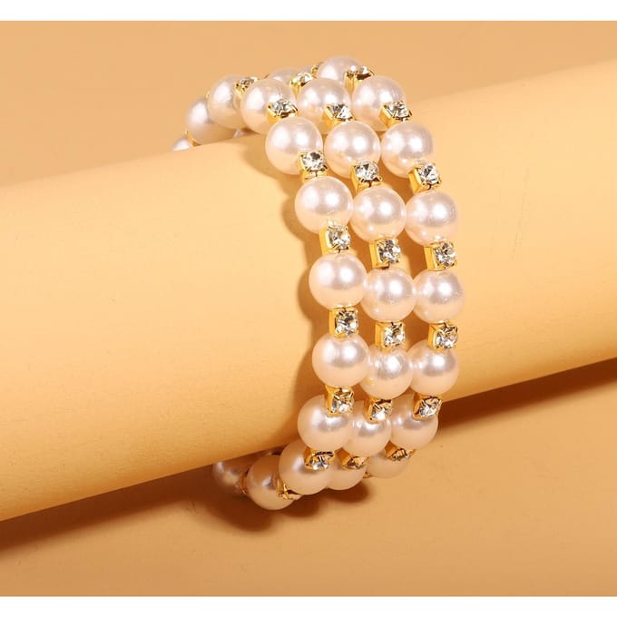 Klassieke Parelarmband met Drie Lussen, Meerlaagse Elastische Parel Strass Armband goud