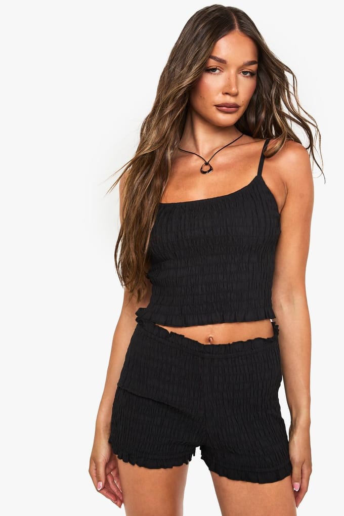 boohoo Dames Katoenen poplin gerimpelde micro shorts | Zwart | Maat: 40