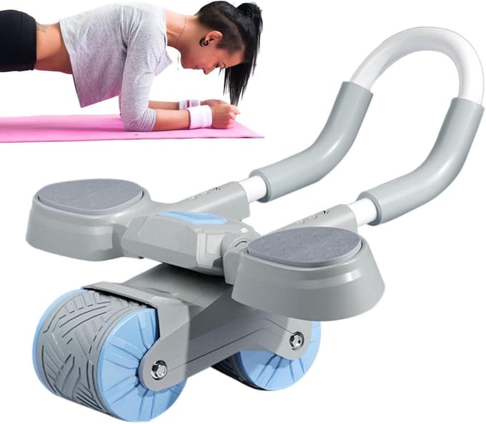 Buikspierroller - Core trainer - Core training - Automatische terugslag - 10 cm wiel - Blauwgrijs