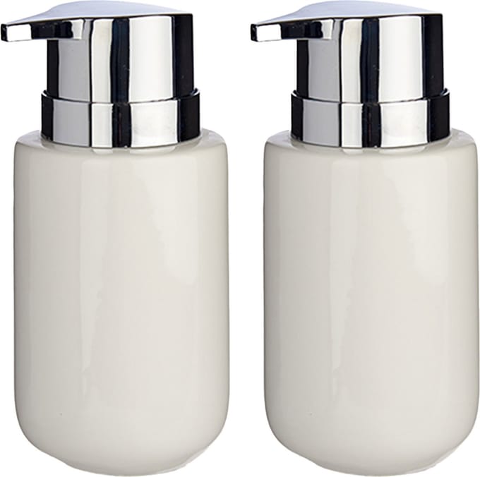 Berilo zeeppompje/dispenser - 2x - keramiek - wit/zilver - 350 ml - toilet/badkamer/keuken - lotionpompje