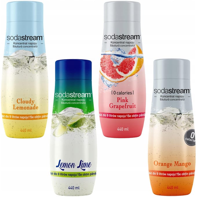 Set van 4 SodaStream concentraten Citroen-Lime+Lemonade+Grapefruit+Sinaasappel-Mango