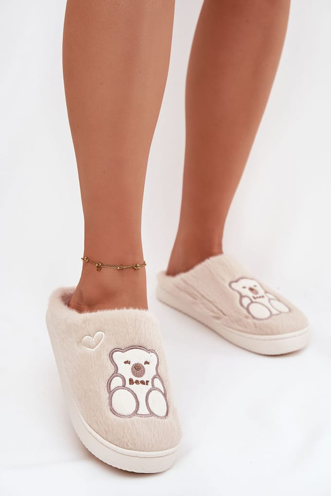 Bear & Heart Cozy Slippers - Beige / 36/37