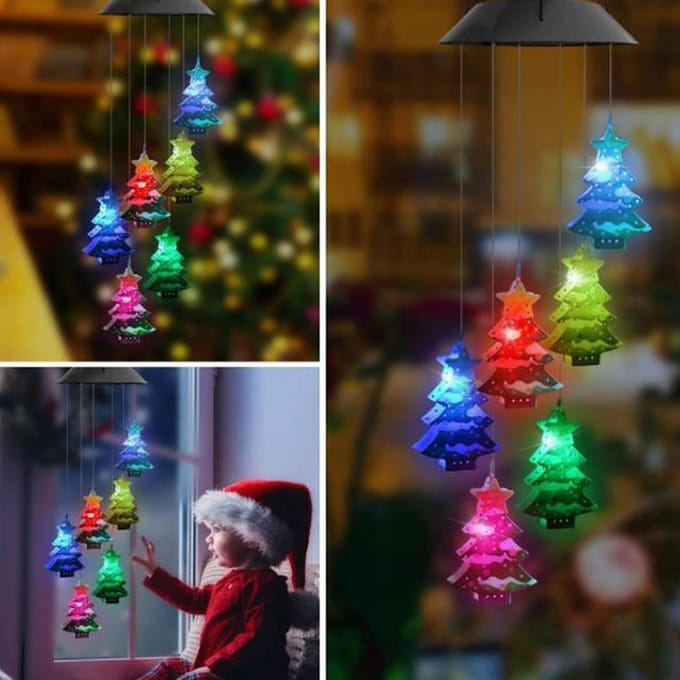 Zonne-energie aangedreven windgonglamp met kleurverloop, hangende buitenlamp met sneeuwpop type4 black