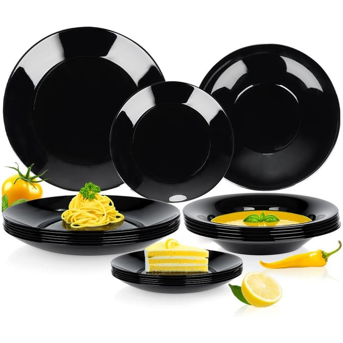 Serviesset Glas Zwart 18 delig - Servies Set - Bordenset - Borden
