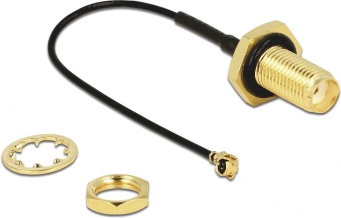 MHF I (v) - SMA (v) kabel met afdichtring - Micro Coax (1,13 mm) - 50 Ohm / zwart - 0,10 meter