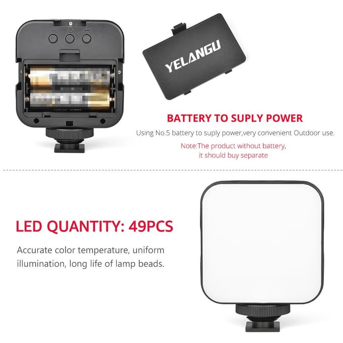 YELANGU LED01 Mini LED-videolamp Fotografie-invullamp 6500K Dimbaar 5W met Cold Shoe Mount zwart